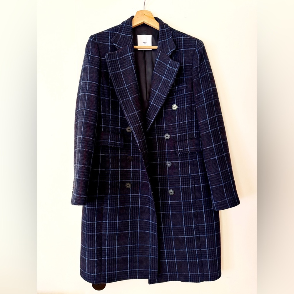 MANGO Navy Blue Plaid Double Breasted Wool Coat Lapels Wool Trench Coat Size XS - Picture 6 of 9